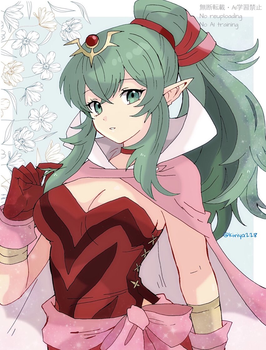 1girl breasts cape choker cleavage dress fire_emblem fire_emblem_awakening flower gloves high_ponytail highres kiriya_(552260) long_hair looking_at_viewer nintendo parted_lips pink_cape pointy_ears ponytail red_choker red_dress red_gloves sidelocks sleeveless sleeveless_dress smile solo tiara tiki_(adult)_(fire_emblem) tiki_(fire_emblem) twitter_username upper_body