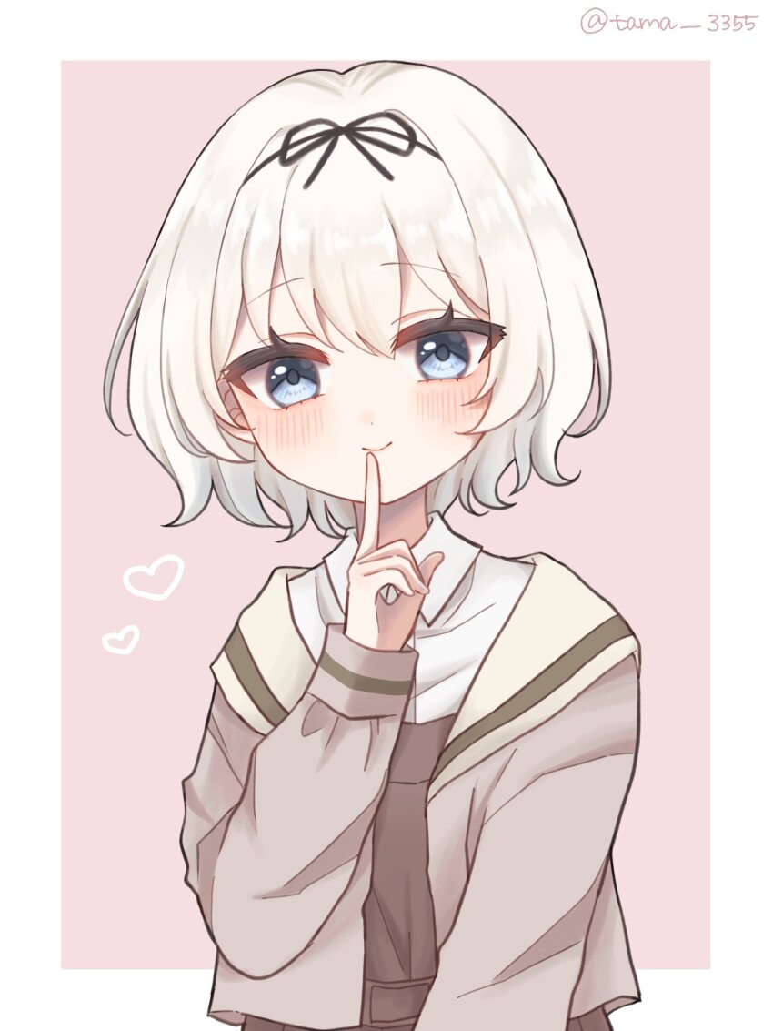 1girl black_ribbon blue_eyes blush border brown_cardigan brown_dress cardigan closed_mouth collared_shirt commentary dress dress_shirt finger_to_mouth hair_ribbon hanamura_hinako highres indoors kitanai_kimi_ga_ichiban_kawaii looking_at_viewer outside_border pinafore_dress pink_background ribbon school_uniform shirt short_hair shushing sleeveless sleeveless_dress solo tama_3355 twintails upper_body white_border white_hair white_shirt