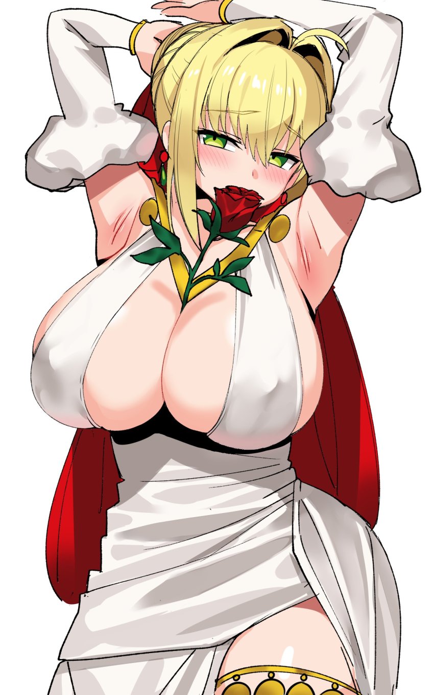 1girl ahoge armpits arms_behind_head arms_up bare_shoulders blonde_hair blush braid breasts cleavage detached_sleeves dress earrings fate/extra fate/grand_order fate_(series) flower french_braid green_eyes hair_bun hair_intakes hair_ribbon heroic_spirit_formal_dress highres jewelry large_breasts long_hair looking_at_viewer mouth_hold ndgd necklace nero_claudius_(fate) nero_claudius_(fate/extra) nero_claudius_(formal_dress)_(fate) official_alternate_costume puffy_sleeves red_ribbon ribbon rose simple_background single_hair_bun solo thighlet white_background white_dress