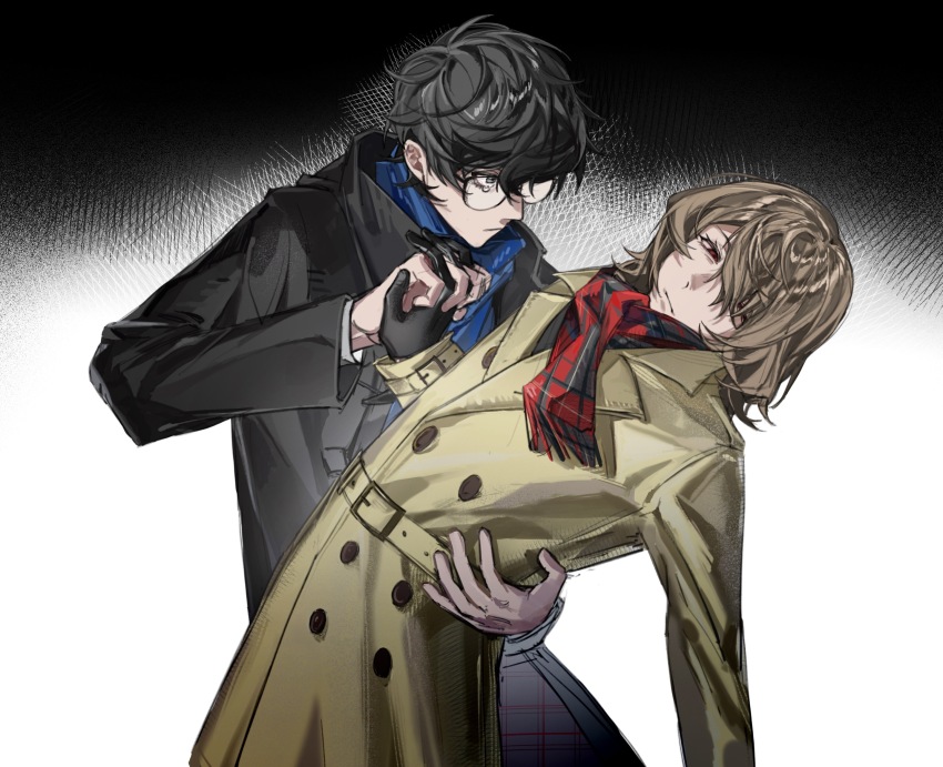 2boys absurdres akechi_gorou amamiya_ren baobing belt black_coat black_eyes black_gloves black_hair black_pants blue_scarf brown_hair buttons chinese_commentary closed_mouth coat commentary_request double-breasted glasses gloves hand_on_another&#039;s_waist highres holding_hands long_sleeves male_focus medium_hair multiple_boys pants persona persona_5 plaid_clothes plaid_pants plaid_scarf red_eyes red_scarf scarf short_hair trench_coat yellow_belt yellow_coat