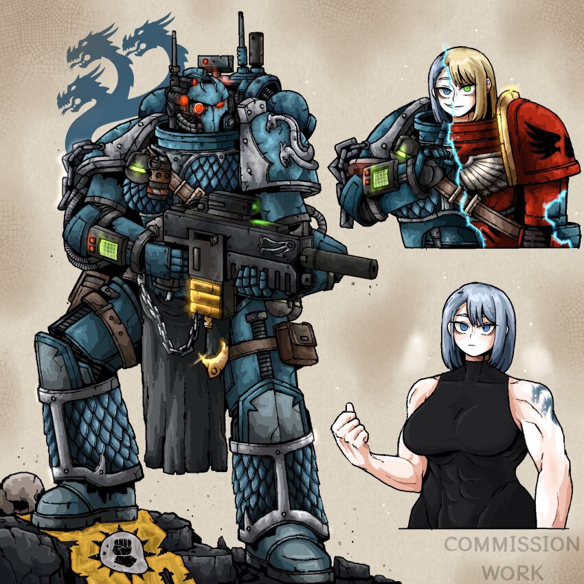 1girl abs alpha_legion armor black_jumpsuit blonde_hair blue_eyes bolter commission disguise genderswap genderswap_(mtf) green_eyes grey_hair highres holding holding_bolter holding_weapon hydra jumpsuit multiple_views muscular muscular_female octosoup power_armor shoulder_tattoo sleeveless_jumpsuit space_marine tattoo warhammer_40k weapon