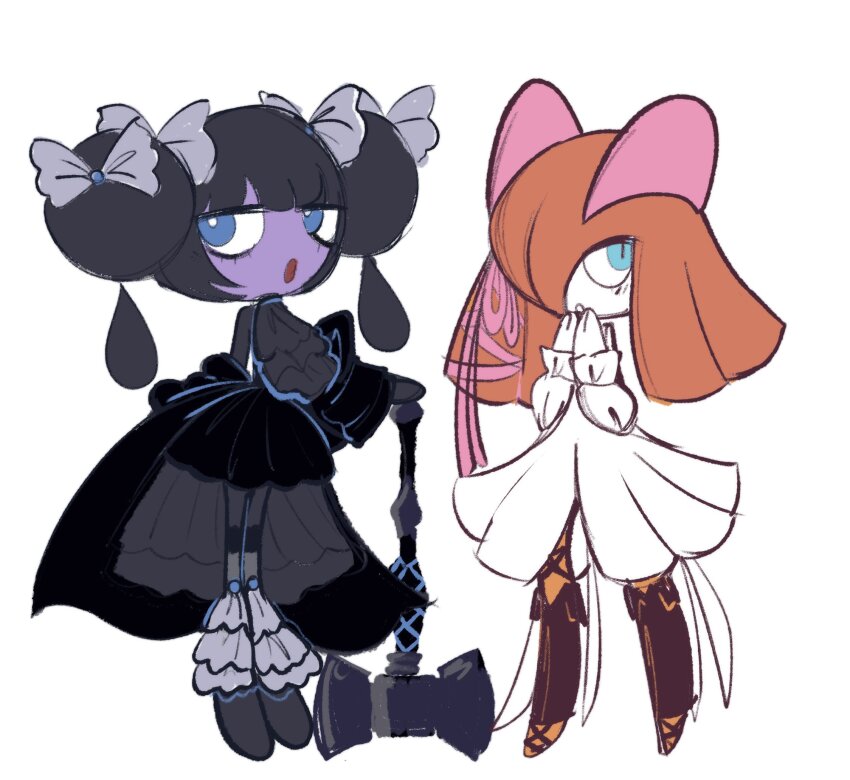 2girls axe black_dress blue_eyes bow brown_hair clothed_pokemon colored_skin cosplay dress final_fantasy final_fantasy_xiv gaia_(ff14) gaia_(ff14)_(cosplay) gen_3_pokemon gen_5_pokemon gothorita hair_bow hair_over_one_eye hair_ribbon highres horns kirlia looking_at_viewer multiple_girls nintendo pink_ribbon pokemon pokemon_(creature) purple_skin ribbon ryne_waters ryne_waters_(cosplay) sidelocks simple_background viscuvania weapon white_background white_bow white_dress white_skin