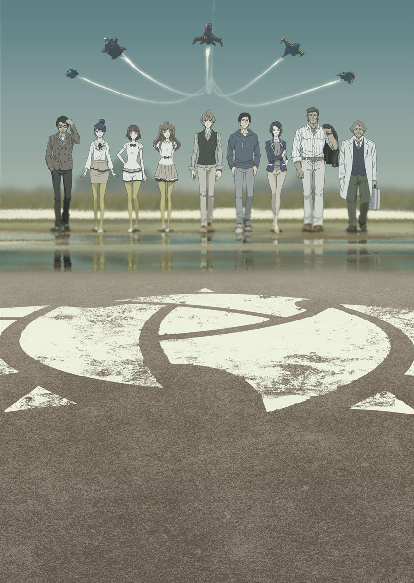 4girls 5boys aircraft airplane blue_sky blurry contrail day depth_of_field emblem flying formal_clothes full_body g-men&#039;75 goto_hidenori gotou_hidenori harazuka_jun hazama_masayoshi heat_haze highres ishihara_sumi jet kaname_joji kaname_jouji key_visual konno_akira konno_akira_(samurai_flamenco) pantyhose_under_shorts lineup long_sleeves looking_at_viewer machinery maya_mari misawa_mizuki morita_moe multiple_boys multiple_girls official_art outdoors pants pantyhose parody promotional_art reflection samurai_flamenco shorts sky walking yamashita_yoshimitsu