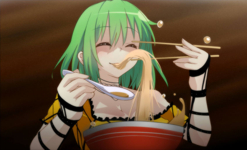 10s 1girl ^_^ bowl breasts chopsticks cleavage closed_eyes eating female_focus food green_hair hikage_(senran_kagura) noodles ramen senran_kagura short_hair solo soup spoon tori_(minamopa) upper_body