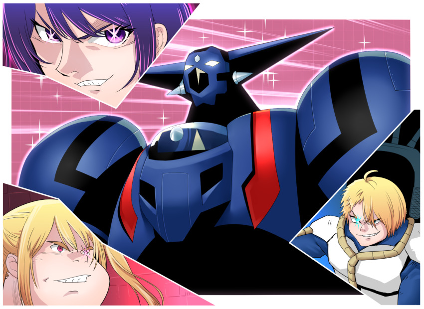1boy 2girls ahoge aosode blonde_hair commentary_request getter_robo glowing glowing_eye god_getter grin hoshino_ai hoshino_aquamarine hoshino_ruby mecha multiple_girls oshi_no_ko parody purple_eyes purple_hair robot shin_getter_robo_vs_neo_getter_robo smile star-shaped_pupils star_(symbol) style_parody symbol-shaped_pupils
