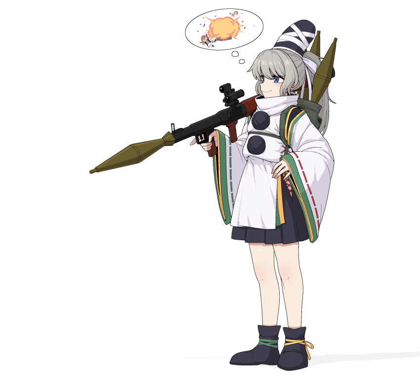 3girls absurdres blue_eyes explosion fire formicid grey_hair gun hand_on_own_hip hat highres hijiri_byakuren japanese_clothes kariginu kasodani_kyouko mononobe_no_futo multiple_girls pom_pom_(clothes) ponytail rocket_launcher rpg rpg-7 rpg_(weapon) smile speech_bubble tate_eboshi thinking thought_bubble touhou weapon white_background