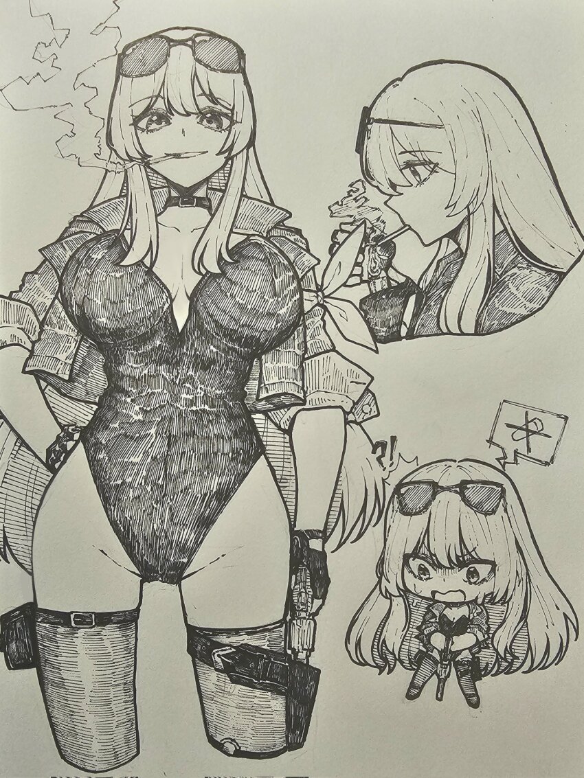 1girl character_request chibi choker cigarette epeulu_(ate5424) fingerless_gloves glasses_on_head gloves gun highres monochrome multiple_views thigh_strap thighhighs traditional_media weapon