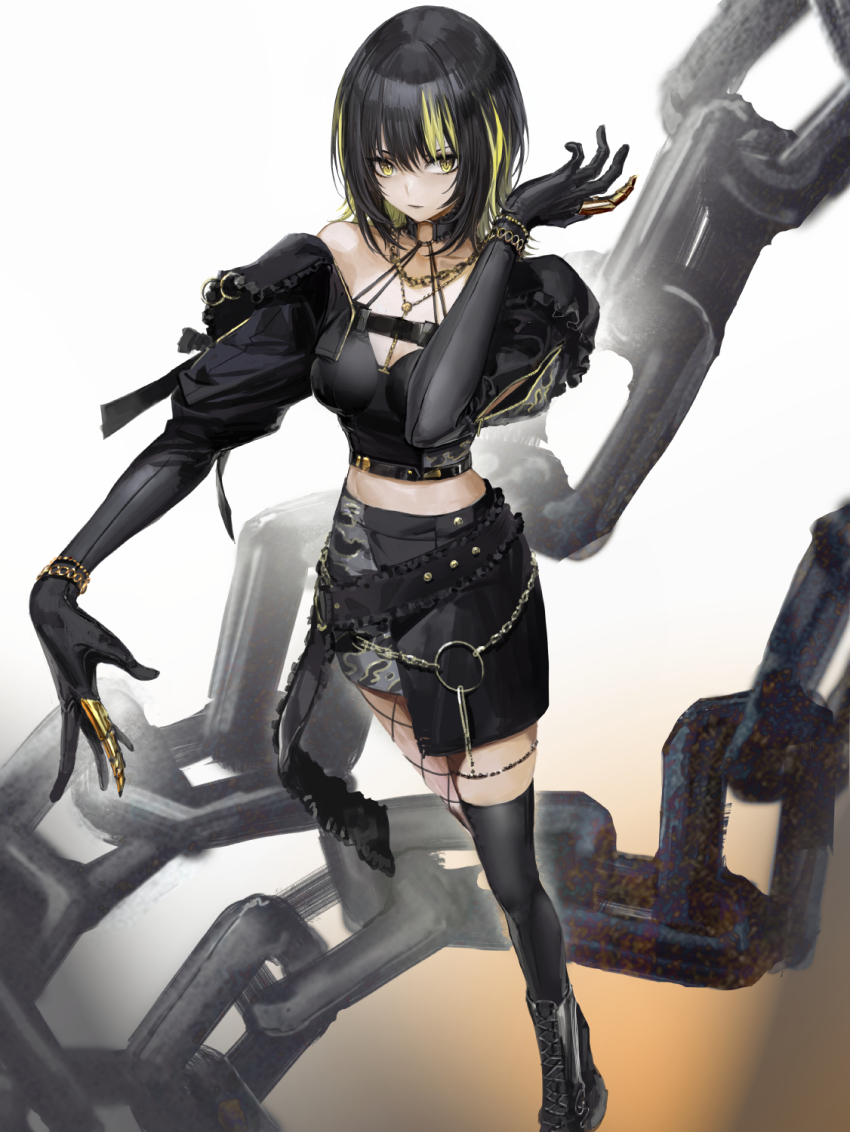 1girl animal_print asymmetrical_legwear belt black_belt black_gloves black_hair black_jacket black_shirt black_skirt black_thighhighs blonde_hair boots bracelet chain chinese_commentary choker claw_ring closed_mouth commentary_request crop_top cropped_jacket elbow_gloves fishnets foot_out_of_frame gloves gradient_background grey_skirt half-skirt halter_shirt halterneck hand_up highres idolmaster idolmaster_shiny_colors ikaruga_luca infukun jacket jewelry juliet_sleeves lace-up_boots leopard_print long_sleeves looking_at_viewer medium_hair midriff miniskirt o-ring o-ring_choker off_shoulder orange_background outstretched_arm print_skirt puffy_sleeves shirt single_thighhigh skirt slit_pupils solo thighhighs white_background yellow_eyes