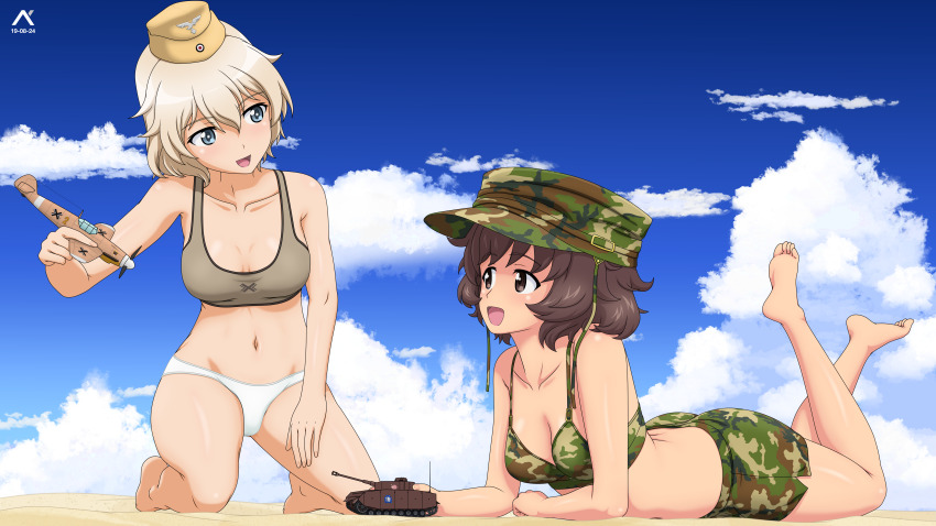 2girls absurdres acrux akiyama_yukari artist_logo barefoot bikini bikini_shorts blonde_hair blue_eyes blue_sky brown_bikini brown_eyes brown_hair brown_hat camouflage camouflage_bikini camouflage_hat cloud cloudy_sky commentary dated day dress emblem english_commentary field_cap garrison_cap girls_und_panzer green_bikini green_hat hand_on_own_thigh hat highres holding holding_toy insignia kneeling legs_up logo looking_at_another lying medium_dress messy_hair mismatched_bikini multiple_girls navel on_ground on_stomach open_mouth outdoors peaked_cap ponytail raisa_pottgen sand short_hair shorts sky smile strike_witches swimsuit toy toy_airplane toy_tank white_bikini witches_of_africa world_witches_series