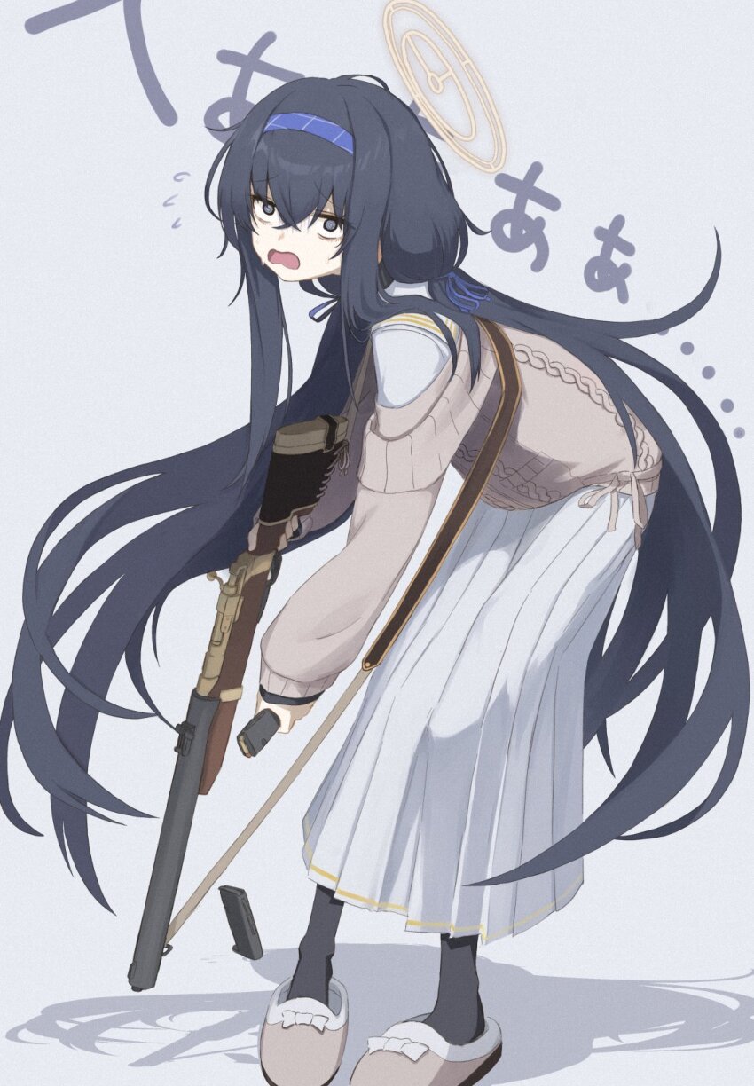 .45_acp 1girl @_@ ammunition bags_under_eyes black_hair blue_archive blush bolt-action_rifle bullet carbine cardigan crossed_bangs de_lisle_carbine grey_cardigan gun hairband halo handgun_cartridge highres holding holding_gun holding_weapon integral_suppressor integrally-suppressed_firearm izumo_(ton_63) long_hair long_sleeves looking_at_viewer magazine_(weapon) open_mouth pistol-caliber_carbine pistol_cartridge purple_hairband reloading rifle sailor_collar school_uniform serafuku shaded_face simple_background slippers solo suppressor ui_(blue_archive) very_long_hair weapon white_sailor_collar white_serafuku yellow_halo