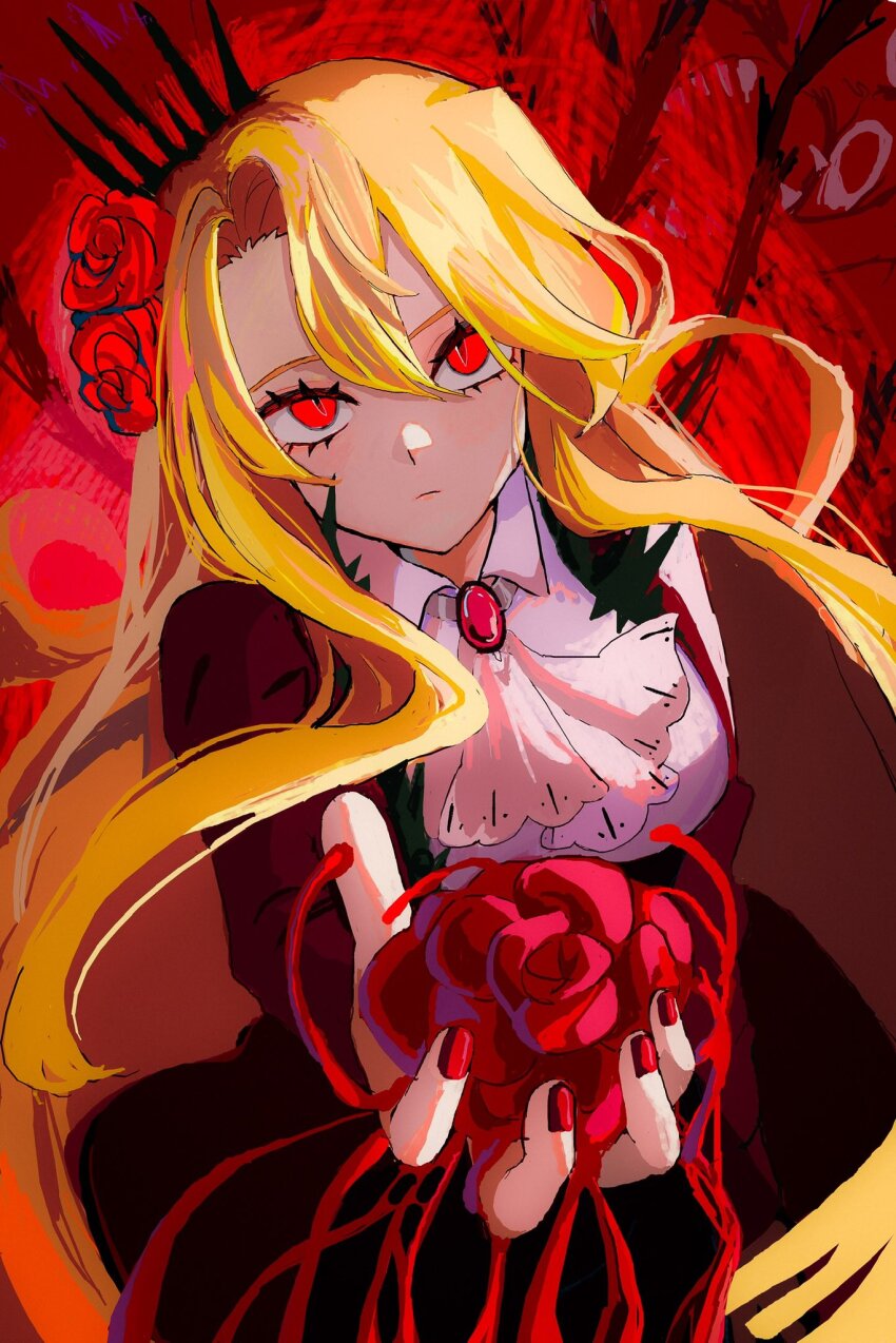 1girl ascot black_skirt blonde_hair blood breasts closed_mouth collared_shirt cowboy_shot crown don_quixote_(project_moon) floating_hair flower gem hair_between_eyes hair_flower hair_ornament hand_up highres holding holding_flower jacket large_breasts limbus_company long_hair long_sleeves looking_at_viewer nail_polish open_clothes open_jacket pink_gemstone polu1007 project_moon red_background red_eyes red_flower red_jacket red_nails red_rose rose shirt sidelocks simple_background skirt solo standing white_ascot white_shirt