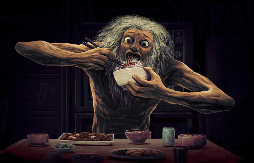 1boy beard black_eyes bowl chopsticks commentary_request facial_hair fine_art_parody grey_hair highres holding holding_bowl holding_chopsticks indoors long_beard male_focus open_mouth oyakodon_(food) parody rice sakkan saturn_devouring_his_son solo table television topless_male upper_body what wide-eyed