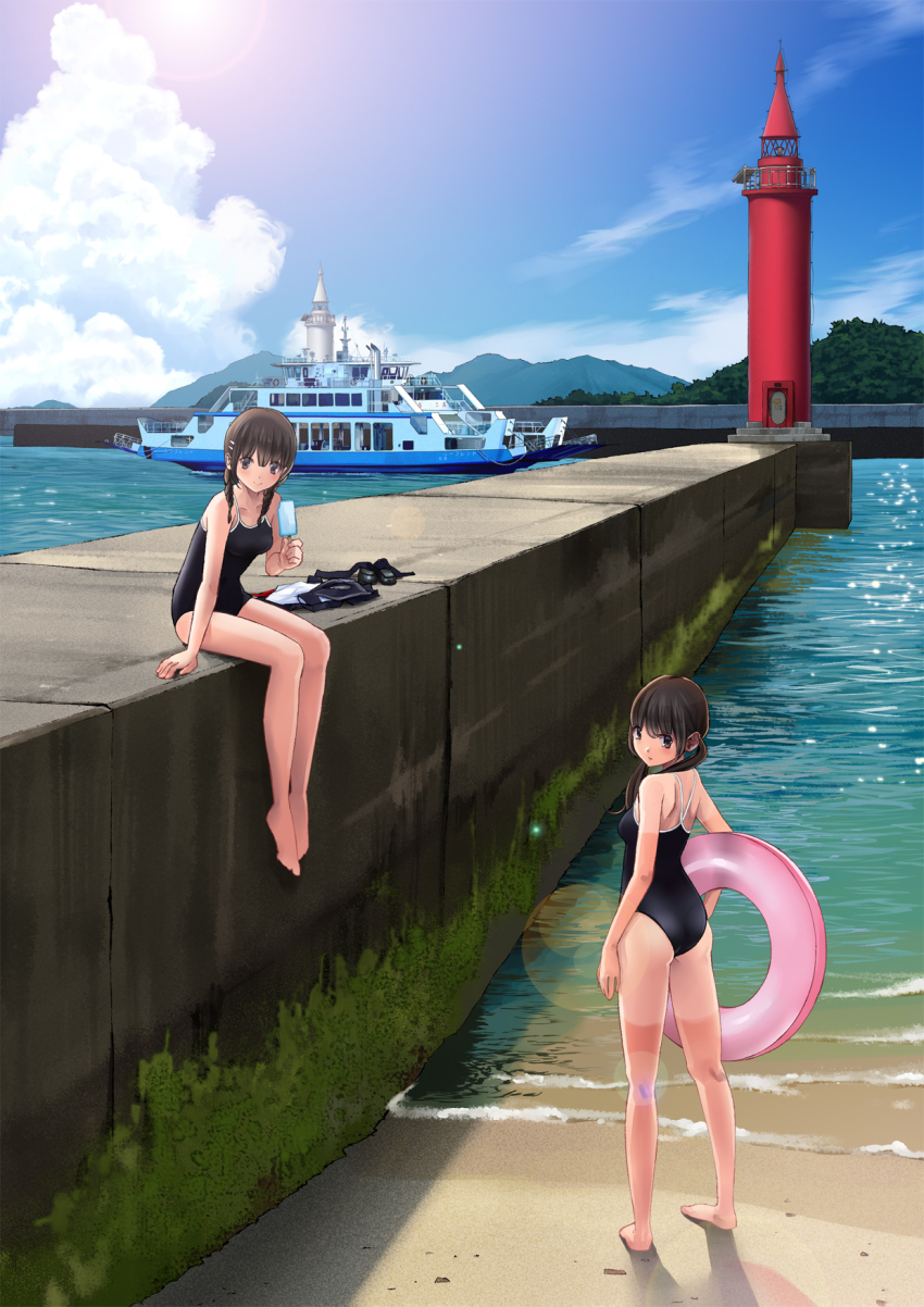 2girls arm_support ass back bad_id bad_pixiv_id bare_legs bare_shoulders barefoot beach black_eyes black_hair blue_sky blush braid breasts carrying carrying_under_arm caustics chikuwa_(glossymmmk) chikuwa_(odennabe) closed_mouth cloud competition_school_swimsuit concrete day dock expressionless food foot_dangle hair_ornament hair_over_shoulder hairclip highres holding holding_food innertube legs_together lens_flare light_particles lighthouse long_hair looking_at_viewer looking_back md5_mismatch moss mountain multiple_girls ocean one-piece_swimsuit original outdoors popsicle sand school_swimsuit shadow ship shirt_tan shoes shorts_tan sitting sky small_breasts smile spread_legs standing sun sunlight swim_ring swimsuit tan tanline twin_braids twintails unworn_clothes unworn_shoes water watercraft waves