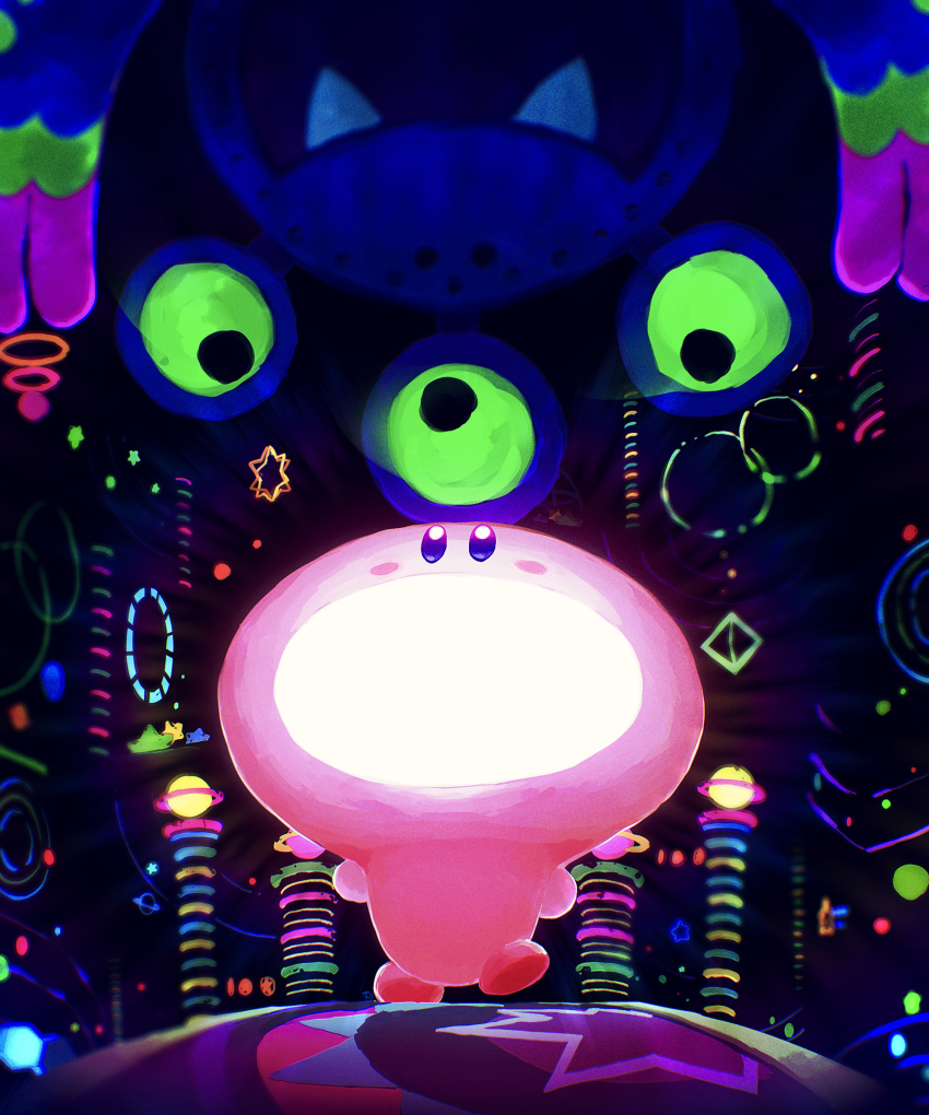absurdres copy_ability dark extra_eyes fang ghost_gordo glowing highres kirby kirby_(series) kirby_and_the_forgotten_land light light-bulb_mouth light_bulb_mouth light_rays looking_at_another looking_down looking_up monster mouthful_mode neon_lights nintendo open_mouth star_(symbol) surprise_alien_board suyasuyabi walking