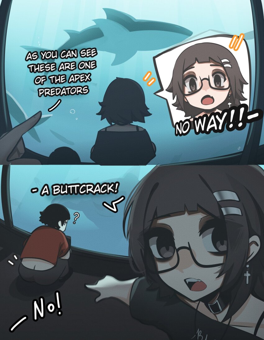 1boy 1girl ? animal aquarium black-framed_eyewear black_choker black_eyes black_hair black_shirt blunt_bangs butt_crack choker commentary cross cross_earrings earrings english_commentary english_text glasses hair_ornament hairclip highres jewelry looking_at_viewer mikuneki notice_lines open_mouth original parallel_hairclips pointing pointing_at_another riyo_kaede_(mikuneki) scene_reference semi-rimless_eyewear shark shirt short_hair under-rim_eyewear