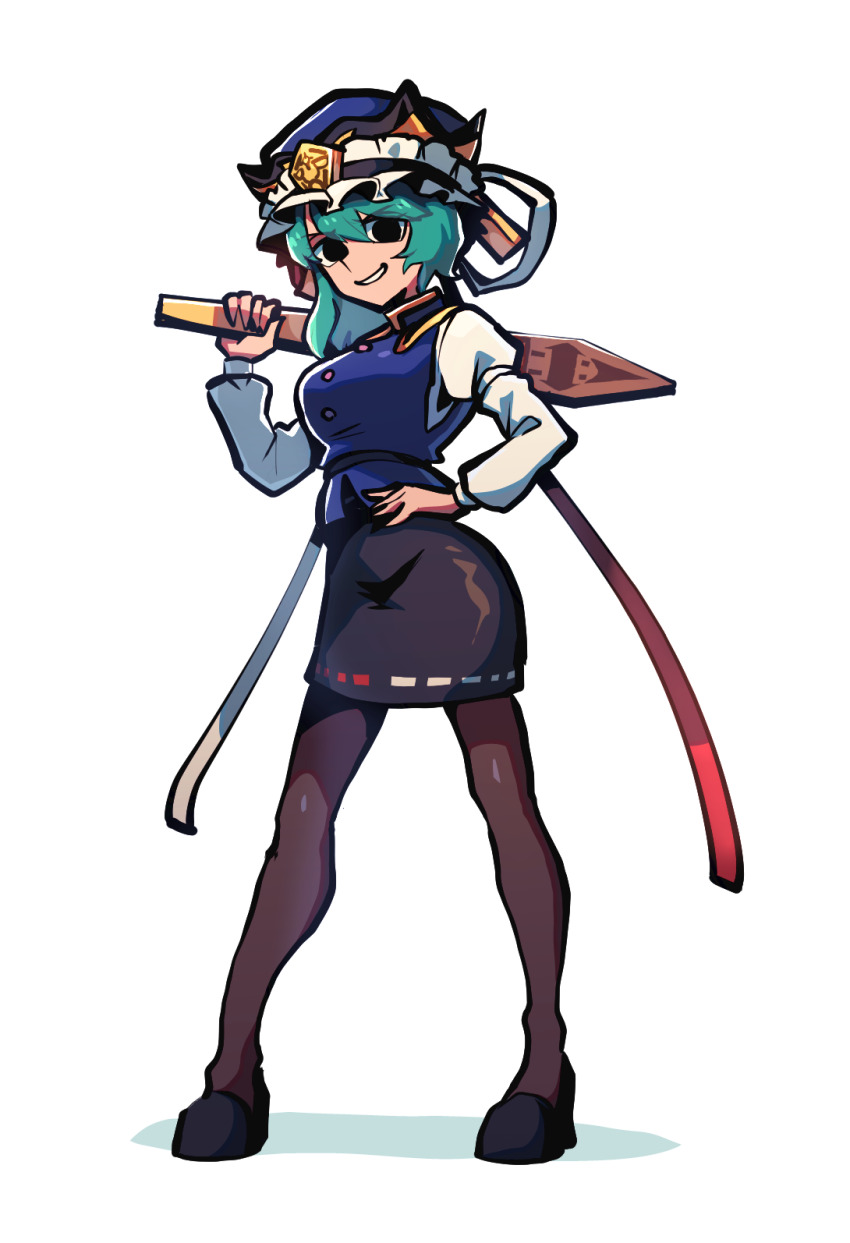 1girl black_eyes black_pantyhose black_shoes black_skirt blue_hat breasts frilled_hat frills full_body green_hair hat highres holding iganashi1 juliet_sleeves long_sleeves looking_at_viewer miniskirt one-hour_drawing_challenge pantyhose puffy_sleeves rod_of_remorse shiki_eiki shoes simple_background skirt solo standing touhou white_background