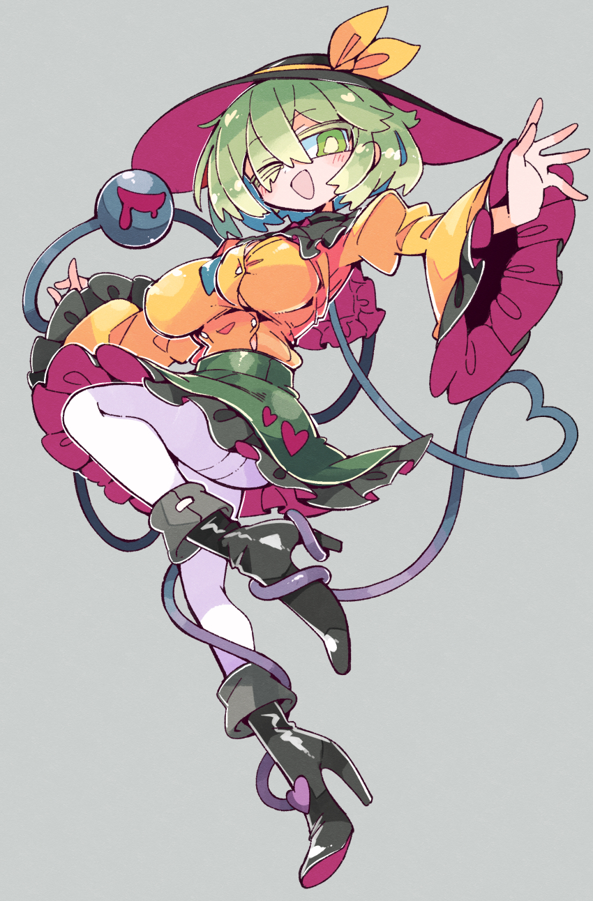 1girl ;d absurdres black_boots black_hat boots breasts frilled_skirt frilled_sleeves frills full_body green_skirt grey_background hat hat_ribbon heart heart_of_string high_heel_boots high_heels highres komeiji_koishi large_breasts long_sleeves looking_at_viewer massakasama one_eye_closed open_mouth panties ribbon shirt short_hair simple_background skirt smile solo third_eye touhou underwear white_panties yellow_ribbon yellow_shirt