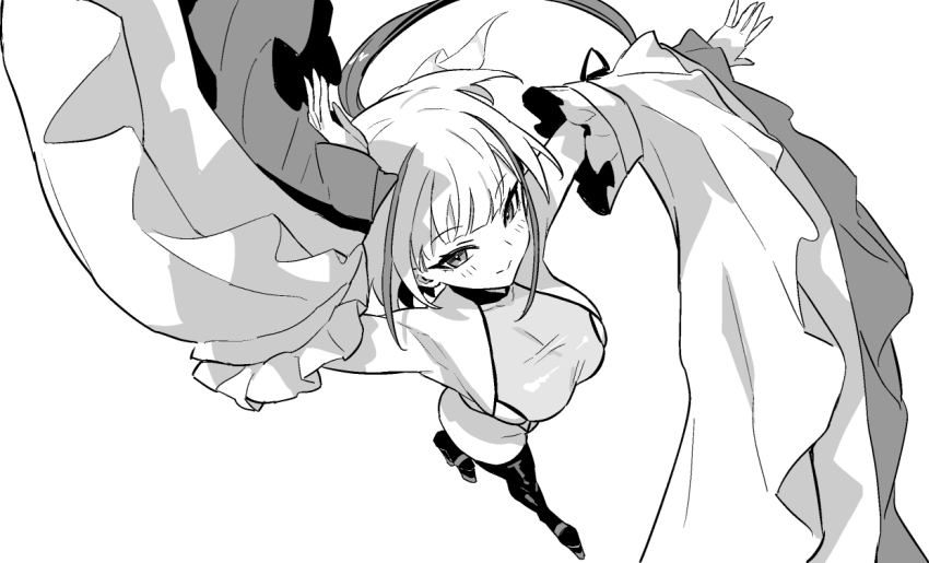 1girl :&gt; armpits azur_lane azur_lane:_slow_ahead black_thighhighs breasts closed_mouth detached_sleeves frilled_sleeves frills greyscale hori_(hori_no_su) i-404_(azur_lane) large_breasts leotard long_hair looking_at_viewer low_ponytail monochrome multicolored_hair ponytail simple_background solo streaked_hair thighhighs white_background wide_sleeves