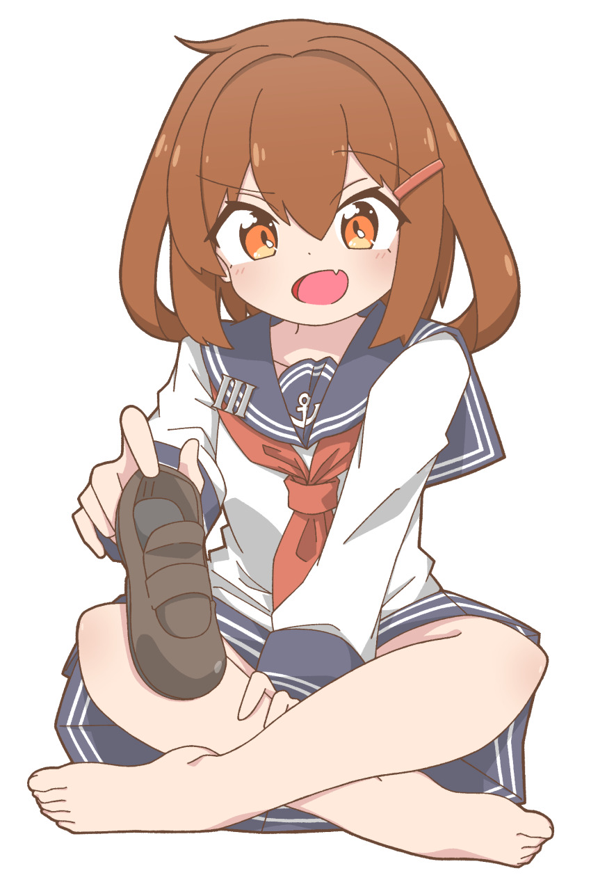1girl barefoot blue_sailor_collar blue_skirt brown_hair fang feet hair_ornament hairclip highres holding holding_shoes holding_unworn_clothes ikazuchi_(kancolle) indian_style kantai_collection loafers nairo neckerchief open_mouth pleated_skirt red_neckerchief sailor_collar sailor_shirt school_uniform serafuku shirt shoes short_hair simple_background single_shoe sitting skin_fang skirt solo toes unworn_shoes white_background white_shirt