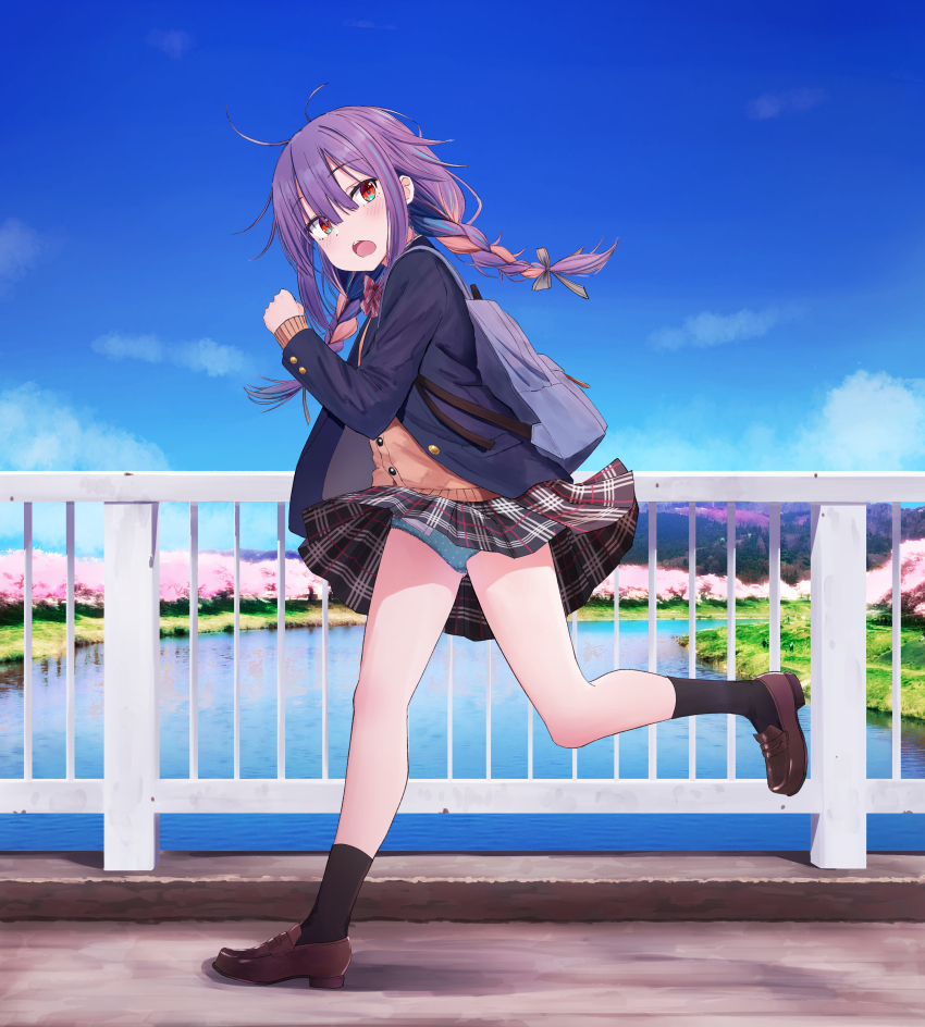 1girl absurdres aqua_panties backpack bag black_socks blazer blue_jacket blue_sky blush bow bowtie braided_twintails bridge brown_cardigan brown_shoes buttons cardigan cherry_blossoms cherry_tree clenched_hand clothes_lift cloud commentary_request concrete crotch_seam day diagonal-striped_bow diagonal-striped_bowtie diagonal-striped_clothes dot_nose fir_tree floating_clothes forest from_side full_body grass grey_bow grey_skirt hair_between_eyes hair_bow hand_up highres hill jacket kneepits loafers long_bangs long_hair long_sleeves looking_at_viewer miniskirt multicolored_hair nature open_clothes open_jacket open_mouth orange_hair original outdoors panties pantyshot path plaid_clothes plaid_skirt polka_dot polka_dot_panties purple_hair railing red_bow red_bowtie red_eyes river road running school_uniform serafuku shoes skirt skirt_lift sky socks solo streaked_hair striped_clothes sunlight teeth tree turning_head underwear upper_teeth_only urushiushiru water wind wind_lift