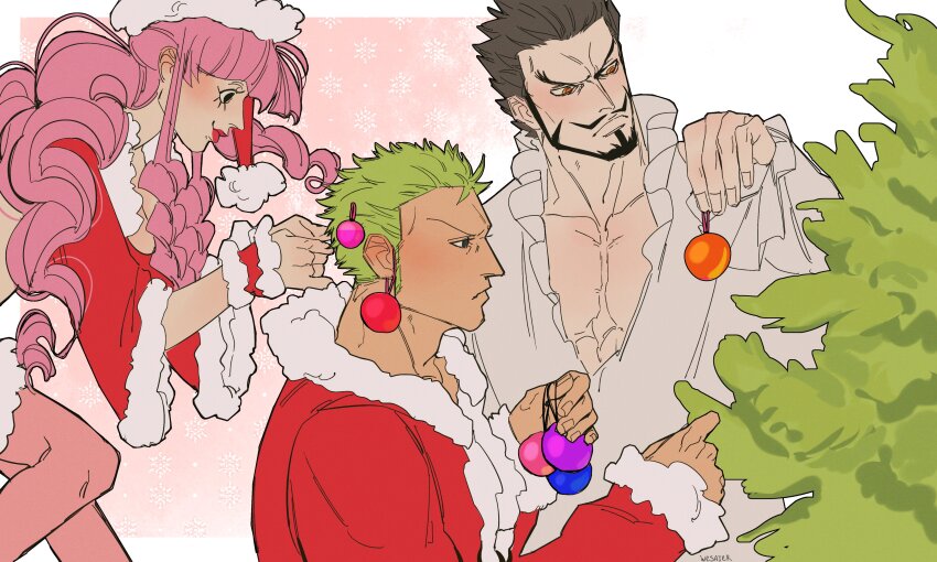 1girl 2boys absurdres beard black_hair blunt_bangs christmas_ornaments christmas_tree commentary dracule_mihawk drill_hair facial_hair green_hair hat highres multiple_boys mustache one_piece pantyhose perona pink_hair pink_pantyhose profile red_lips roronoa_zoro santa_hat shirt sideburns simple_background smile wesaier white_background white_shirt