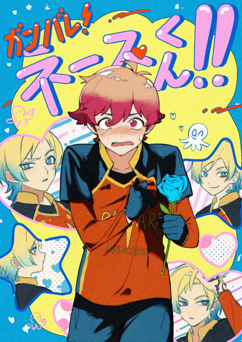 @_@ alexis_ness black_gloves black_shirt black_shorts blonde_hair blue_eyes blue_flower blue_hair blue_lock blue_rose closed_mouth cowboy_shot flower ganbare!_nakamura-kun!! gloves gradient_hair highres holding holding_flower long_sleeves michael_kaiser multicolored_hair open_mouth profile red_eyes red_hair red_shirt rose shirt shizuka000217 short_hair shorts smile standing sweat two-tone_hair two-tone_shirt yaoi