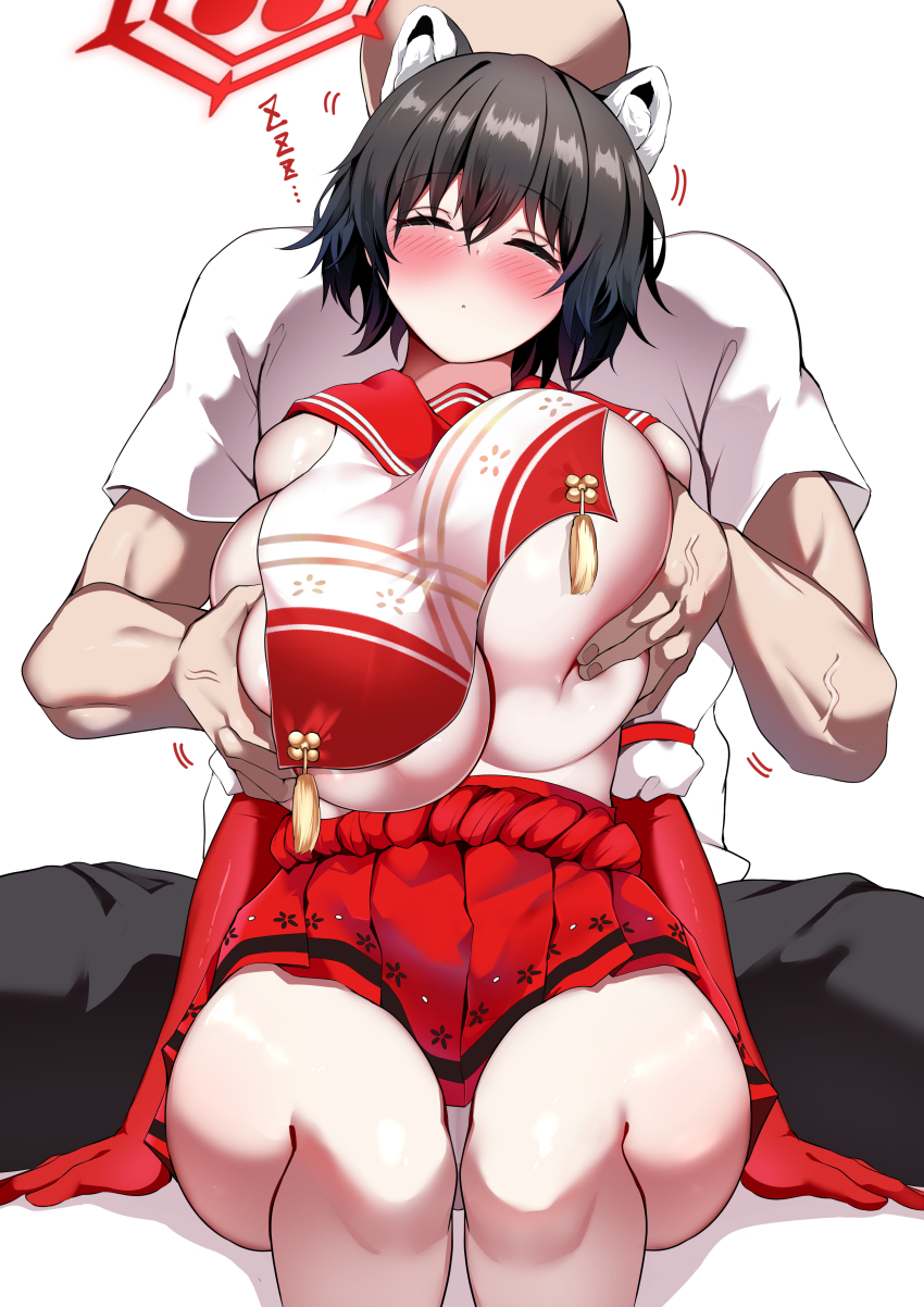 1boy 1girl absurdres animal_ears black_hair black_pants blue_archive blush breast_curtain breasts closed_eyes commentary_request elbow_gloves extra_ears gloves grabbing_another&#039;s_breast grabbing_from_behind groping hair_between_eyes halo hetero highres huge_breasts kokihanada paid_reward_available pants raccoon_ears red_gloves red_halo red_sailor_collar red_skirt rope_belt sailor_collar shirt short_hair simple_background skirt sleep_molestation sleeping sleeveless t-shirt translation_request tsubaki_(blue_archive) white_background