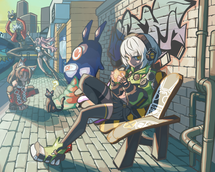 1boy 3girls ? absurdres anby_demara animal_ear_fluff animal_ears bangboo_(zenless_zone_zero) bare_shoulders bench billy_kid black_cat black_gloves black_hair black_ribbon black_shorts black_skirt black_thighhighs building burger cat cat_ears cat_girl closed_mouth clothed_robot clothing_cutout commentary_request crop_top eating eous_(zenless_zone_zero) fingerless_gloves food glove_cutout gloves graffiti green_eyes green_jacket green_shoes green_sleeves grey_hair hairband headphones highres holding holding_burger holding_food humanoid_robot industrial_pipe jacket jumping leg_up long_hair micro_shorts multiple_girls navel nekomiya_mana nicole_demara open_mouth orange_eyes outdoors pink_hair ponytail red_eyes red_hairband red_jacket red_sleeves ribbon robot robot_boy shadow shige_1237 shoes short_eyebrows short_hair shorts shoulder_cutout single_thighhigh sitting skirt sleeveless sleeveless_jacket statue strapless thighhighs tube_top two_side_up v-shaped_eyebrows white_tube_top zenless_zone_zero