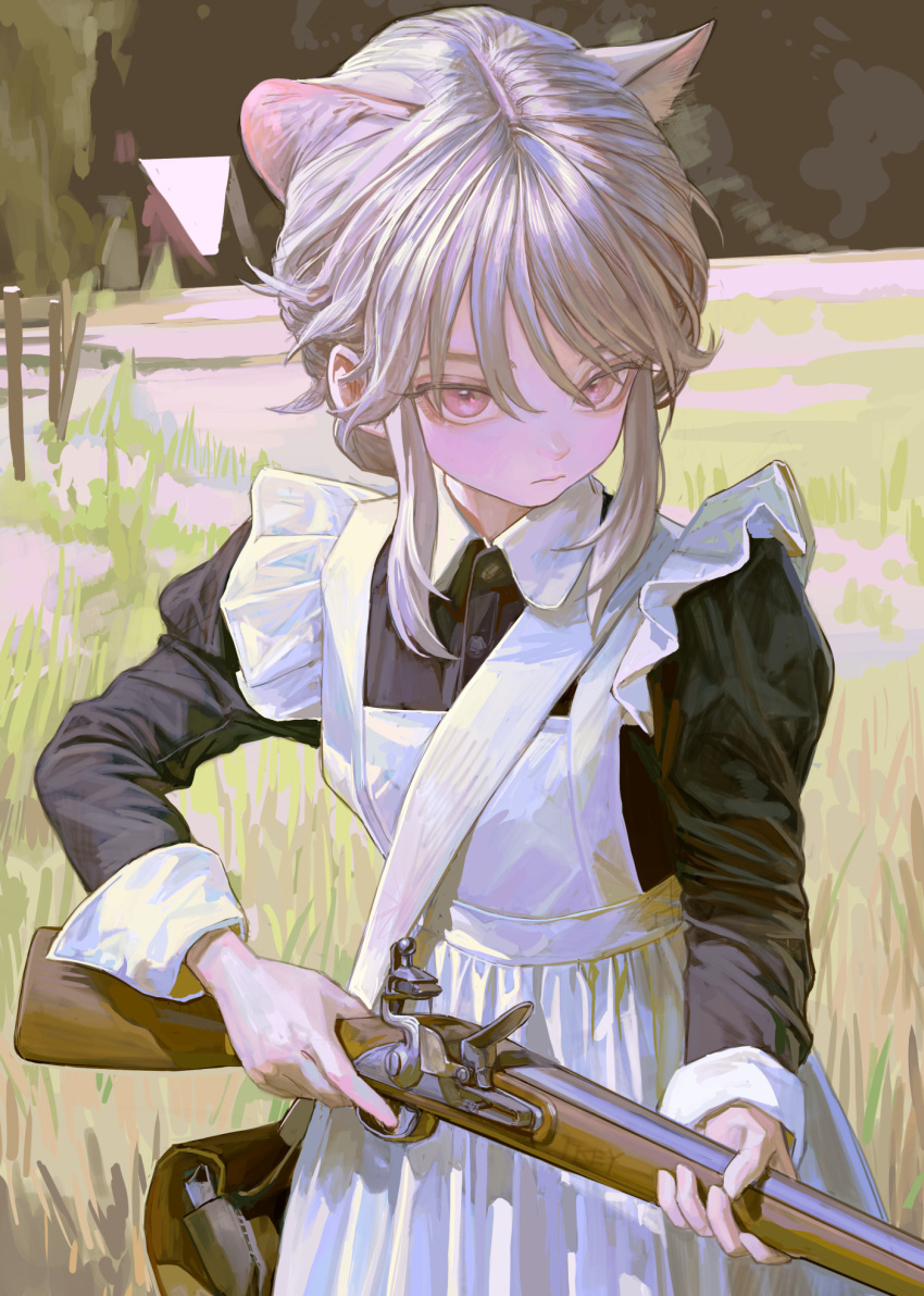1girl animal_ear_fluff animal_ears antique_firearm apron bag black_dress brown_bag cat_ears cat_girl closed_mouth dress extra_ears feiqizi_(fkey) firearm firelock fkey flintlock gun hair_between_eyes highres holding holding_bag holding_gun holding_weapon long_hair looking_at_viewer maid maid_apron original pink_eyes rifle sidelocks weapon white_apron