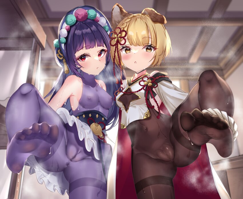 2girls absurdres animal_ears armpit_crease bare_shoulders blunt_bangs blurry blurry_background blush bodystocking braid breasts cameltoe cleavage_cutout clothing_cutout commentary_request covered_anus covered_erect_nipples covered_navel crossover erune feet foot_up genshin_impact gold_trim granblue_fantasy hair_ornament highres indoors legs long_hair looking_at_viewer mashiropp medium_breasts multiple_girls no_shoes petite purple_bodystocking purple_hair pussy pussy_juice pussy_juice_stain red_eyes sash short_hair small_breasts smell soles standing standing_on_one_leg steaming_body sweat toes vajra_(granblue_fantasy) yellow_eyes yun_jin_(genshin_impact)