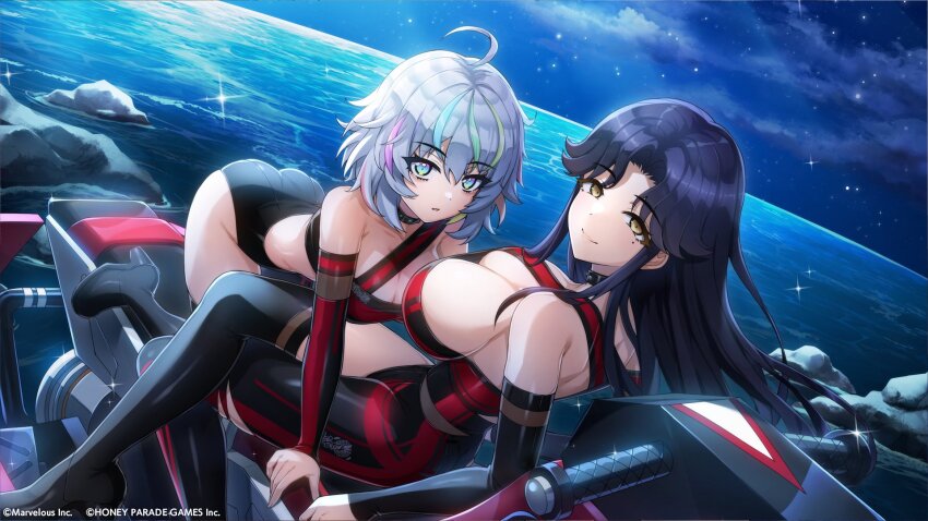 all_fours ass asymmetrical_clothes asymmetrical_legwear bare_shoulders black_bodysuit black_hair bodysuit breasts cleavage closed_mouth copyright_notice crossed_legs detached_sleeves dolphin_wave grey_hair hair_between_eyes high_heels highres hirasaka_yuno jet_ski kurokuchi_muru large_breasts long_hair looking_at_viewer marvelous multicolored_eyes multicolored_hair multiple_girls night night_sky ocean official_art parted_lips rainbow_eyes rock sky smile star_(sky) watercraft yellow_eyes