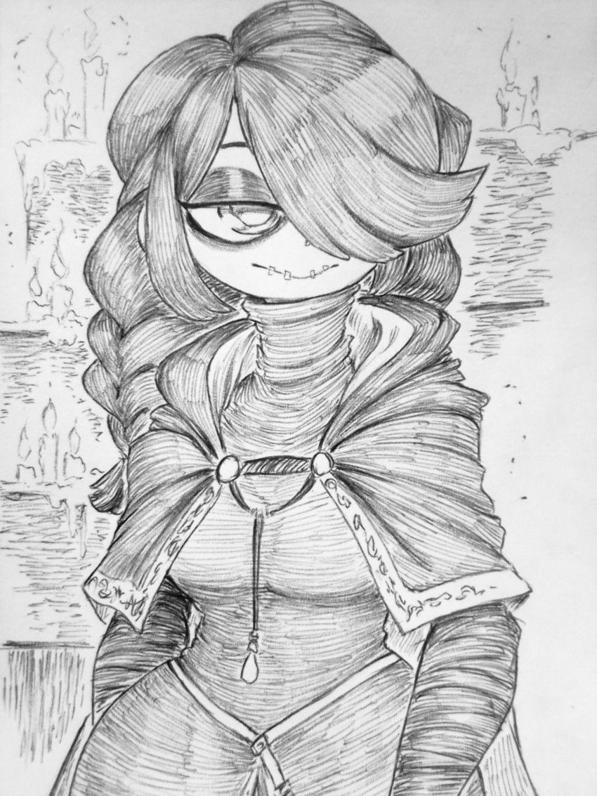 1girl absurdres braid chronozbergh cosplay dark_souls_(series) dark_souls_iii dress fire_keeper fire_keeper_(cosplay) greyscale hair_over_one_eye half-closed_eyes highres monochrome skullgirls smile solo squigly_(skullgirls) stitched_mouth stitches traditional_media upper_body