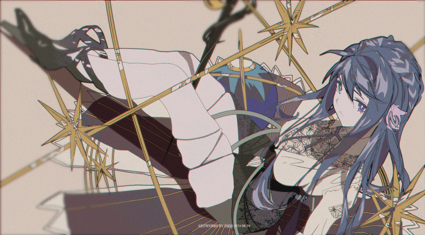 1girl absurdres arknights artist_name astesia_(arknights) blue_eyes blue_hair boots braid celestial_globe chromatic_aberration cross-shaped_pupils film_grain grey_shirt high_heel_boots high_heels highres jqqs2002 long_hair multiple_thigh_straps shirt skindentation solo star_(symbol) symbol-shaped_pupils tagme thighs