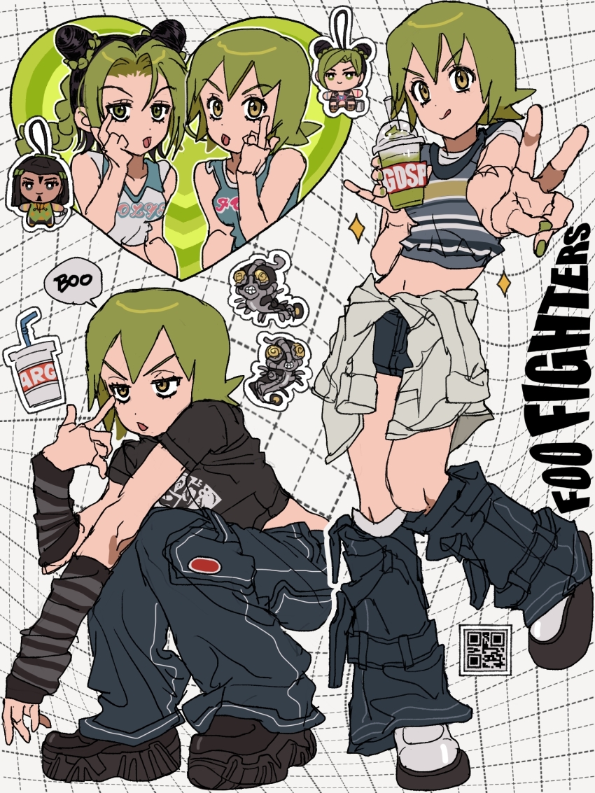 3girls akanbe arm_warmers black_hair clothes_around_waist crop_top dark-skinned_female dark_skin denim detached_sleeves double_bun dreadlocks ermes_costello eyelid_pull foo_fighters_(jojo) foo_fighters_(stand) fu_r_y green_hair green_lips hair_bun highres jacket jacket_around_waist jeans jojo_no_kimyou_na_bouken charm_(object) kuujou_jolyne loose_socks midriff multicolored_hair multiple_girls multiple_persona pants short_hair slushie socks stand_(jojo) stone_ocean tongue tongue_out two-tone_hair