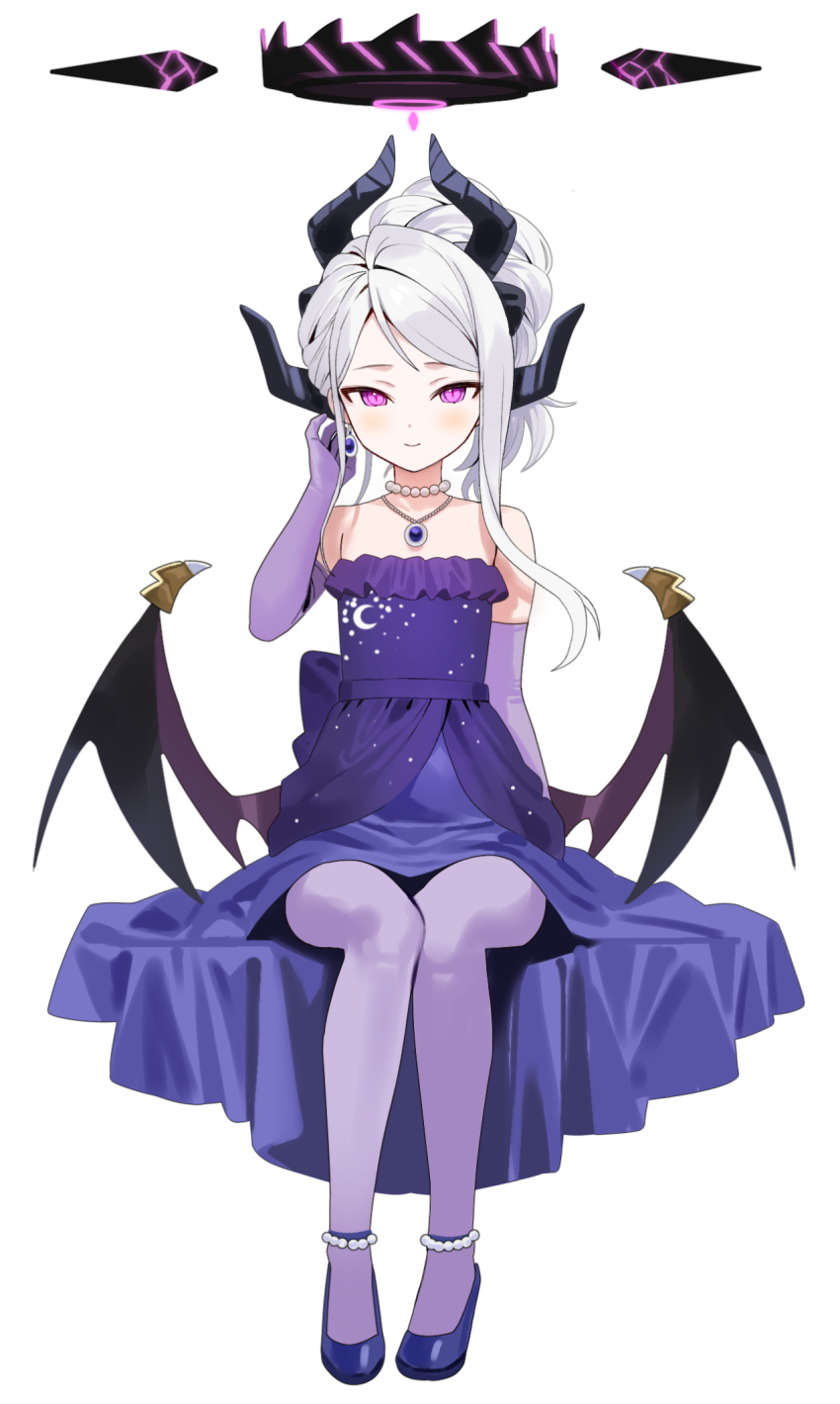 1girl asymmetrical_sidelocks blue_archive commentary demon_horns demon_wings dress elbow_gloves full_body gloves grey_hair halo highres hina_(blue_archive) hina_(dress)_(blue_archive) horns invisible_chair jewelry light_smile long_hair looking_at_viewer meettheton multiple_horns necklace official_alternate_costume pantyhose pink_eyes purple_dress purple_gloves purple_pantyhose purple_shorts shorts simple_background sitting solo strapless strapless_dress very_long_hair white_background wings