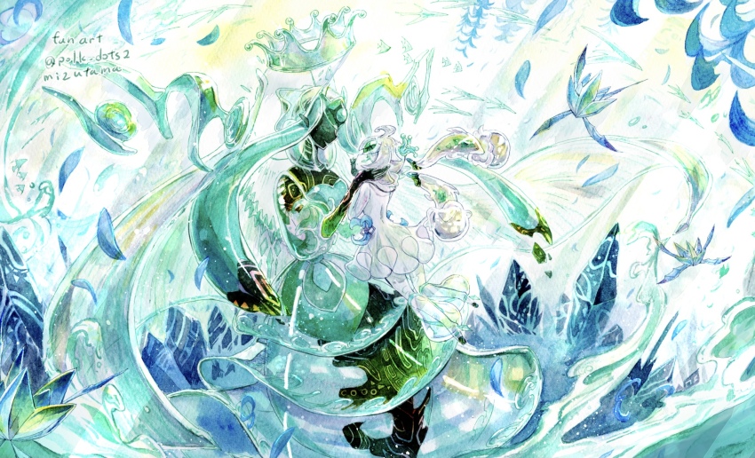crown crying dress duel_monster closed_eyes highres ice_crystal icejade_aegirine icejade_kosmochlor mizutama_(mizutamalion) see-through_clothes traditional_media twitter_username water yu-gi-oh!