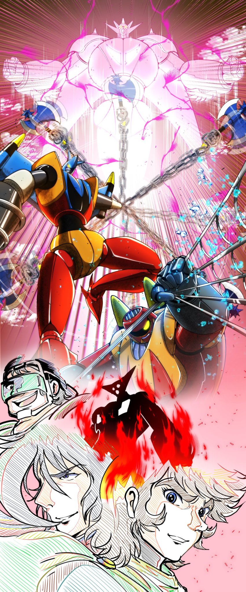 3boys absurdres axe benkei_kuruma black_eyes black_hair blue_eyes brown_hair chain electricity fire getter-1 getter_dragon getter_liger getter_poseidon getter_robo getter_robo_g hair_behind_ear highres holding holding_weapon jin_hayato mecha multiple_boys nagare_ryoma parted_lips robot science_fiction super_robot visor weapon yellow_eyes yuuki_(gatama)