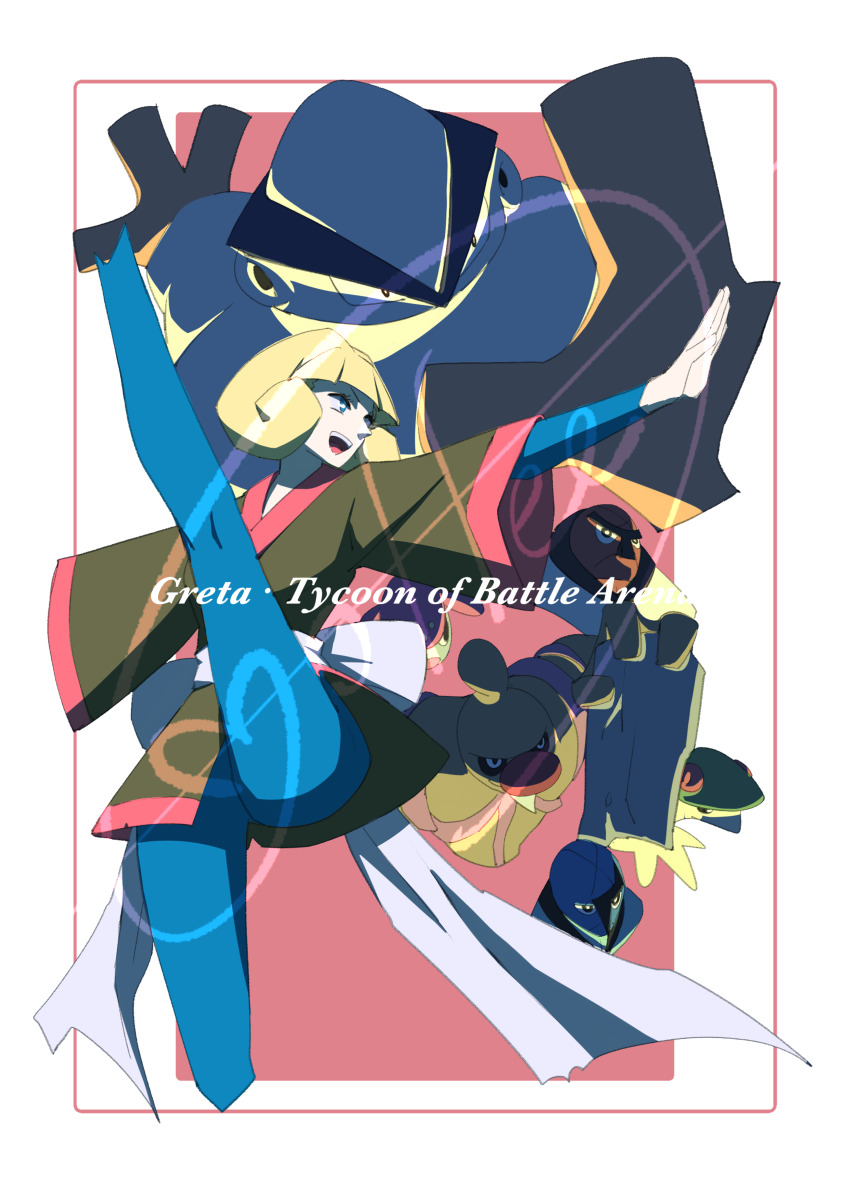 1girl :d absurdres blonde_hair blue_bodysuit blue_eyes blunt_bangs bodysuit border breloom cccacademia character_name conkeldurr eyelashes gen_3_pokemon gen_5_pokemon greta_(pokemon) hariyama highres jacket leg_up mixed-language_commentary nintendo open_mouth outstretched_arm pink_background pokemon pokemon_(creature) pokemon_emerald pokemon_rse sawk short_hair signature smile teeth throh tongue upper_teeth_only white_border