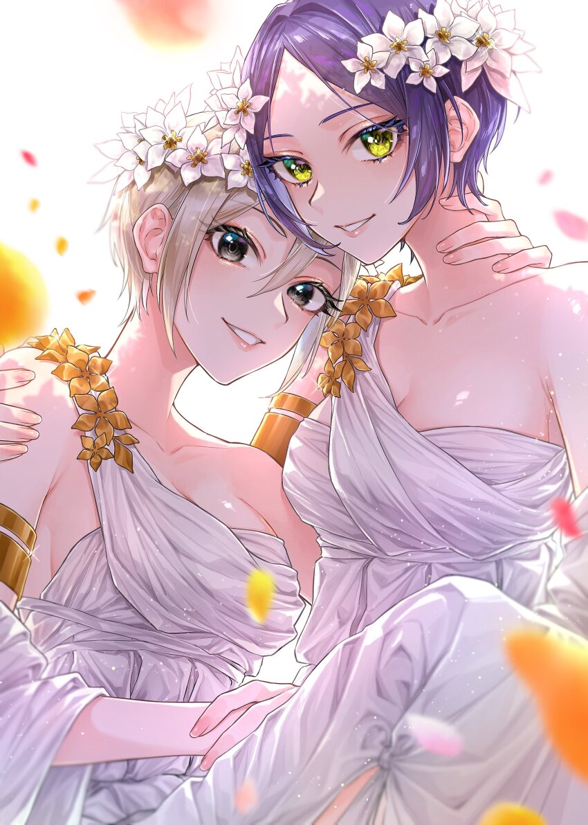 2girls absurdres ancient_greek_clothes armlet blue_hair breasts cleavage collarbone commentary_request dress falling_petals fingernails flower greco-roman_clothes grey_hair hayami_kanade head_wreath highres idolmaster idolmaster_cinderella_girls jewelry looking_at_viewer medium_breasts multiple_girls parted_bangs petals shiomi_syuko short_hair smile white_dress white_flower yuuuten