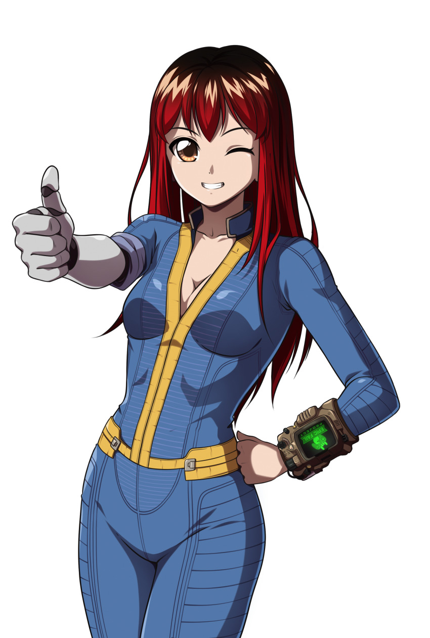 absurdres blue_jumpsuit cosplay epic_fail_project erica_naito fallout fallout_3 hand_on_own_hip highres jumpsuit long_hair mechanical_arms mechabare original pip_boy red_hair self-upload single_mechanical_arm solo transparent_background
