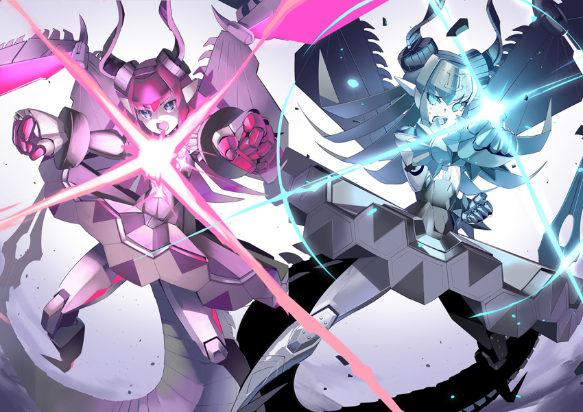 2girls blue_eyes clenched_hands curled_horns dragon_girl dragon_horns dragon_tail dragon_wings dress dual_persona elizabeth_bathory_(fate) fate/grand_order fate_(series) glowing grey_background grey_hair hair_between_eyes horns long_hair mecha_eli-chan_(fate) mecha_eli-chan_mk.ii_(fate) multiple_girls open_mouth outstretched_arm pink_hair pleated_dress pointy_ears robot round_teeth soupchan sweat tail teeth upper_teeth_only v-shaped_eyebrows very_long_hair wings