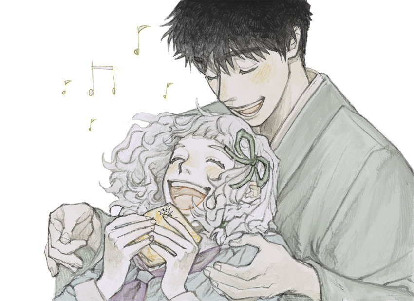 1boy 1girl bakumatsu_shishi_channel behind_another black_hair closed_eyes commentary_request curly_hair dual_persona facing_another floating_hair green_ribbon grey_kimono grey_shirt hair_ribbon highres holding japanese_clothes kimono kirizaki-kun_wa. long_sleeves medium_hair musical_note neckerchief open_mouth purple_neckerchief q-gou_(no_nine_84) ribbon sailor_collar school_uniform serafuku shirt short_hair simple_background smile taka_moriko takamori_saigou_(bakumatsu_shishi_channel) thick_eyebrows upper_body white_background white_hair white_sailor_collar wide_sleeves