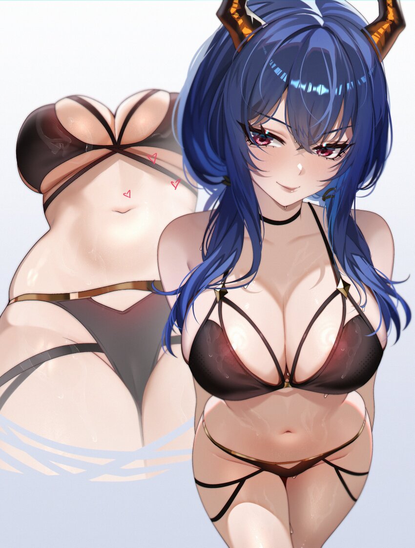 1girl absurdres alternate_costume arknights bare_shoulders bikini black_bikini black_choker blue_hair breasts ch&#039;en_(arknights) choker cleavage closed_mouth collarbone commentary commission cowboy_shot dragon_girl dragon_horns english_commentary hair_between_eyes heart highres horns large_breasts leaning_forward long_hair looking_at_viewer multi-strapped_bikini_bottom multi-strapped_bikini_top multiple_views navel raituna red_eyes sidelocks smile stomach swimsuit underboob wet