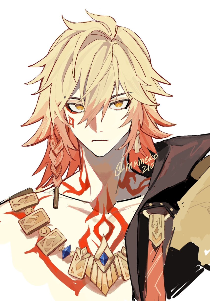 1boy abs arm_tattoo armlet black_coat blonde_hair braid chest_tattoo clawed_gauntlets coat earrings edamameko210 facial_tattoo gold_earrings gold_necklace gradient_hair hair_between_eyes highres honkai:_star_rail honkai_(series) jewelry looking_at_viewer male_focus multicolored_hair mydei_(honkai:_star_rail) necklace open_clothes open_coat red_hair red_tattoo side_braid simple_background solo tattoo toned toned_male twitter_username white_background yellow_eyes