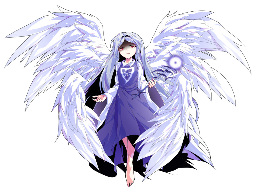 1girl alphes_(style) angel angel_wings barefoot blue_hair breasts closed_mouth collarbone collared_shirt commentary_request dairi dress feathered_wings full_body genderswap genderswap_(otf) hair_intakes highres holding holding_scepter left-handed long_hair long_sleeves looking_at_viewer multiple_wings parody parted_bangs parted_lips purple_dress red_eyes sariel_(touhou) scepter seraph shaded_face shirt smile solo style_parody tachi-e touhou touhou_(pc-98) transparent_background very_long_hair white_wings wide_sleeves wings