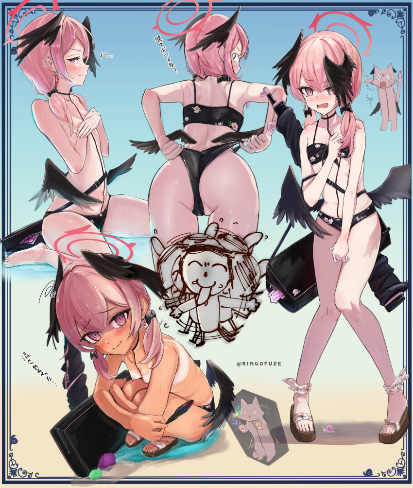 &lt;|&gt;_&lt;|&gt; 1boy 1girl 1other absurdres animalization ankle_ribbon ass back bag bare_arms bare_shoulders barefoot bikini bikini_bottom_only bikini_bottom_pull bikini_tan black_bikini black_bow black_wings blue_archive blush bow breasts cat covering_breasts covering_privates doodle_sensei_(blue_archive) double-parted_bangs feathered_wings feathers floral_print front-tie_bikini_top front-tie_top hair_bow halo haniwa_(statue) head_wings highres in_water koharu_(blue_archive) koharu_(swimsuit)_(blue_archive) leaning_forward leg_ribbon licking long_hair looking_at_viewer looking_back low_twintails low_wings navel nipples official_alternate_costume open_mouth partially_visible_vulva pink_eyes pink_hair pink_halo print_bikini red_halo ribbon ringofuze sandals sensei_(blue_archive) shallow_water shoulder_bag simple_background small_breasts smile snail spaghetti_strap squatting standing swimsuit tan tanline tongue tongue_out topless_female twintails underwear water water_drop weapon weapon_on_back wedgie wet wings