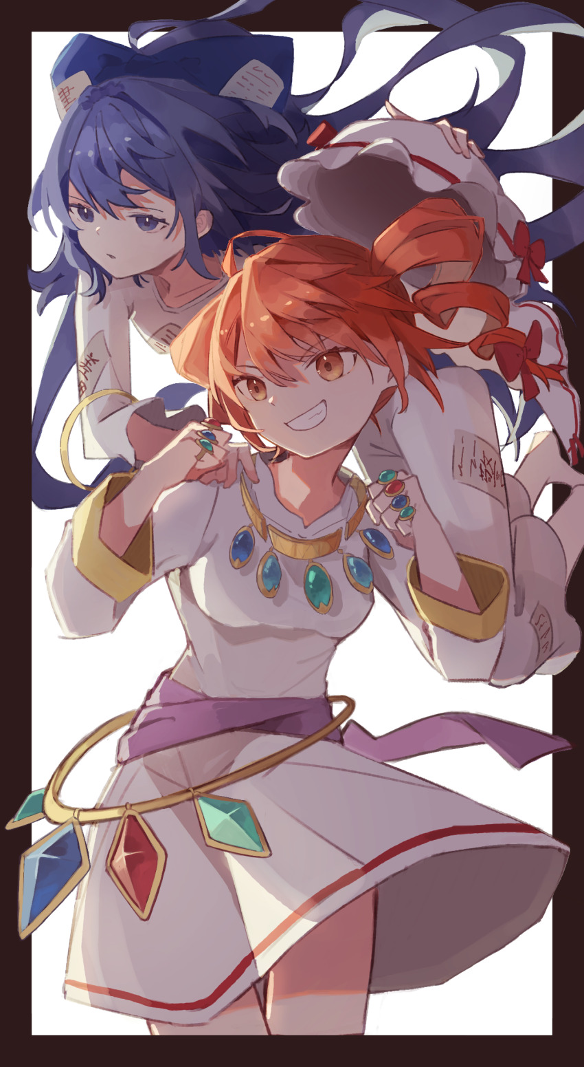 2girls bangle barefoot black_border blue_bow blue_eyes border bow bracelet brown_eyes clenched_hands collarbone commentary cowboy_shot dress drill_hair floating foot_out_of_frame grin hair_bow hands_up hat hat_bow highres hinataku1222 jewelry long_hair long_sleeves looking_ahead mob_cap multiple_girls necklace orange_hair outside_border parted_lips pendant purple_sash red_bow ring sash siblings simple_background sisters smile sunken_fossil_world touhou twin_drills twins unworn_hat unworn_headwear v-shaped_eyebrows very_long_hair white_background white_dress white_hat yorigami_jo&#039;on yorigami_shion