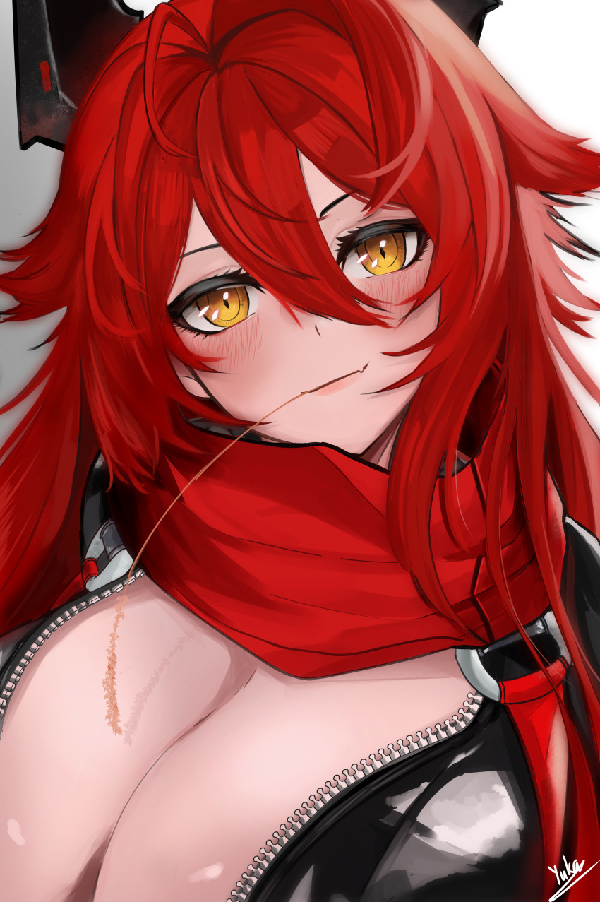 1girl absurdres artist_name black_jacket blush breasts cleavage commentary goddess_of_victory:_nikke hair_between_eyes highres horns jacket large_breasts leather leather_jacket long_hair looking_at_viewer mechanical_horns mouth_hold red_hair red_hood_(nikke) red_scarf scarf sidelocks signature simple_background smile solo stalk_in_mouth unzipped upper_body white_background yellow_eyes yuka_1503