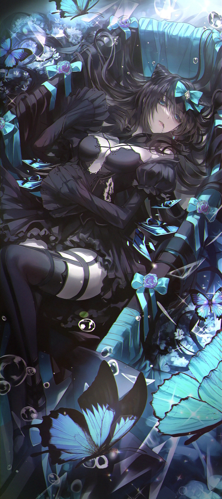 1girl absurdres aqua_bow arcaea bare_shoulders black_dress black_gloves black_hair black_thighhighs blue_eyes bow bubble bug butterfly dress flower gloves hair_bow hair_ornament highres hikaku_(siyrgr) insect long_hair long_sleeves looking_at_viewer lying on_back parted_lips solo tairitsu_(arcaea) tairitsu_(tempest)_(arcaea) thighhighs thighs