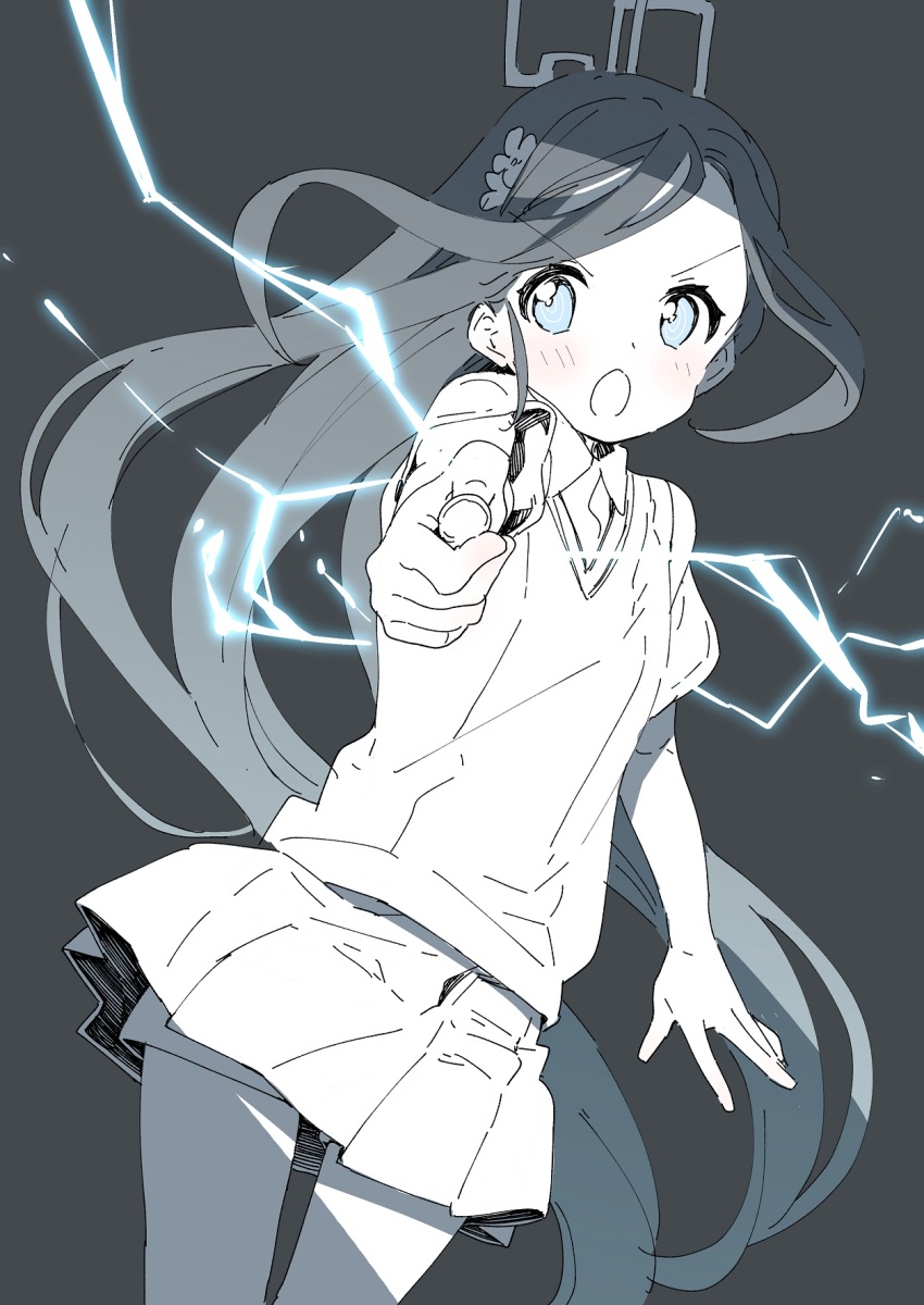 1girl aiming aiming_at_viewer alternate_costume aris_(blue_archive) black_hair blue_archive blue_eyes blush breasts coin cosplay electricity electrokinesis halo highres holding holding_coin incoming_attack lightning long_hair looking_at_viewer misaka_mikoto misaka_mikoto_(cosplay) no_emblem open_mouth outstretched_arm psychic railgun_(misaka_mikoto) school_uniform shirt shorts simple_background skirt small_breasts solo summer_uniform sweater_vest thighs toaru_kagaku_no_railgun toaru_kagaku_no_railgun_t toaru_majutsu_no_index tokiwadai_school_uniform twitter uchino_maiko very_long_hair vest white_shirt